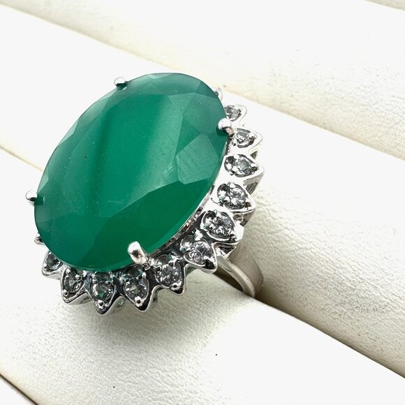 Oval Green Jade White Spinel Gemstone Statement Ring Sterling Silver Size 6 - Picture 6 of 6